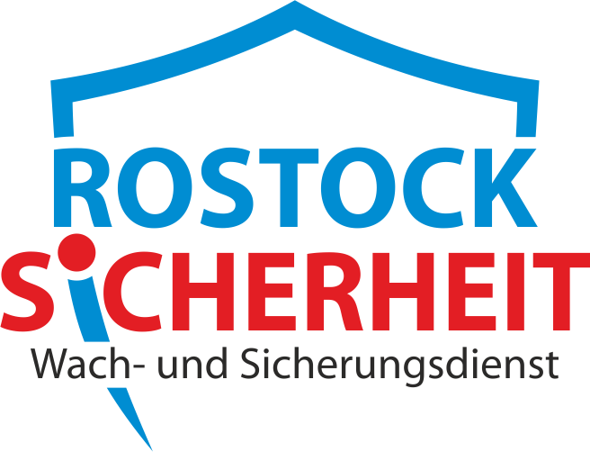 Logo der Firma Rostock Sicherheit mit einem stilisierten Schild und dem Text 'Rostock Sicherheit Wach- und Sicherheitsdienst